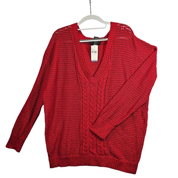 NWT Lane Bryant Womens 3X Red Open Knit V-Neck Sweater 100% Cotton Bold colorful - Picture 1 of 13